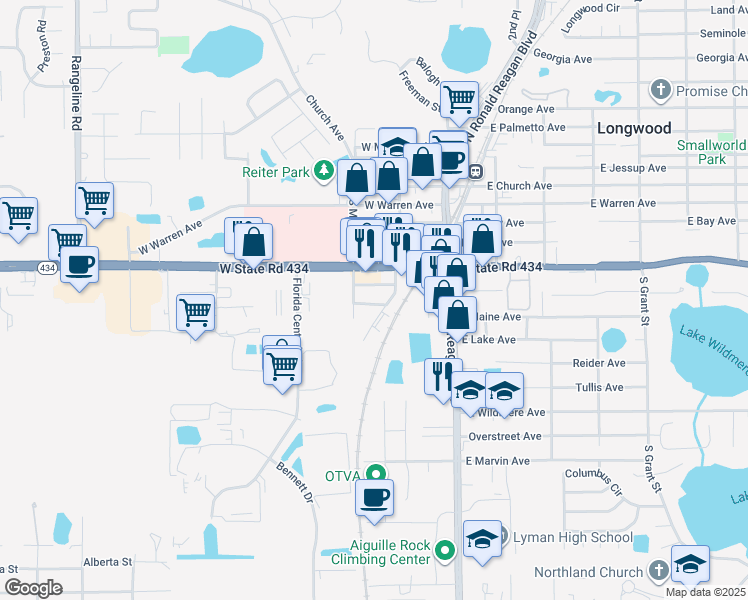map of restaurants, bars, coffee shops, grocery stores, and more near 257 Park Avenue in Longwood