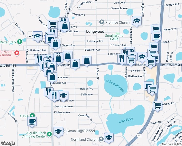 map of restaurants, bars, coffee shops, grocery stores, and more near 460 East Evergreen Avenue in Longwood