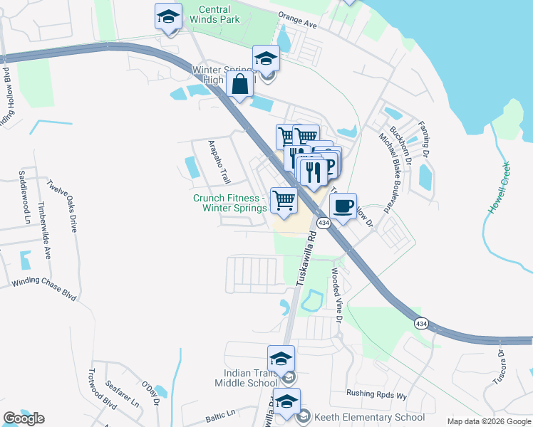map of restaurants, bars, coffee shops, grocery stores, and more near 358 Mohawk Trail in Winter Springs