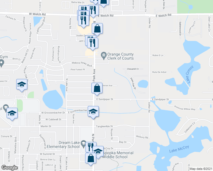 map of restaurants, bars, coffee shops, grocery stores, and more near Monroe Avenue in Apopka