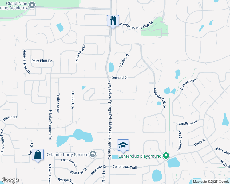 map of restaurants, bars, coffee shops, grocery stores, and more near 2306 Ridgeside Road in Apopka