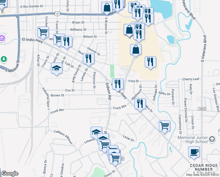 map of restaurants, bars, coffee shops, grocery stores, and more near 1055 Eidson Road in Eagle Pass
