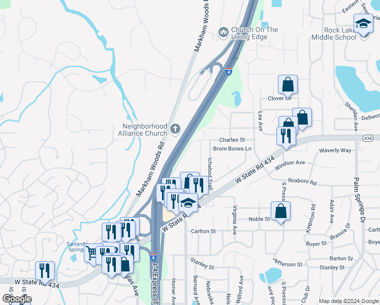 map of restaurants, bars, coffee shops, grocery stores, and more near 127 Springwood Circle in Longwood