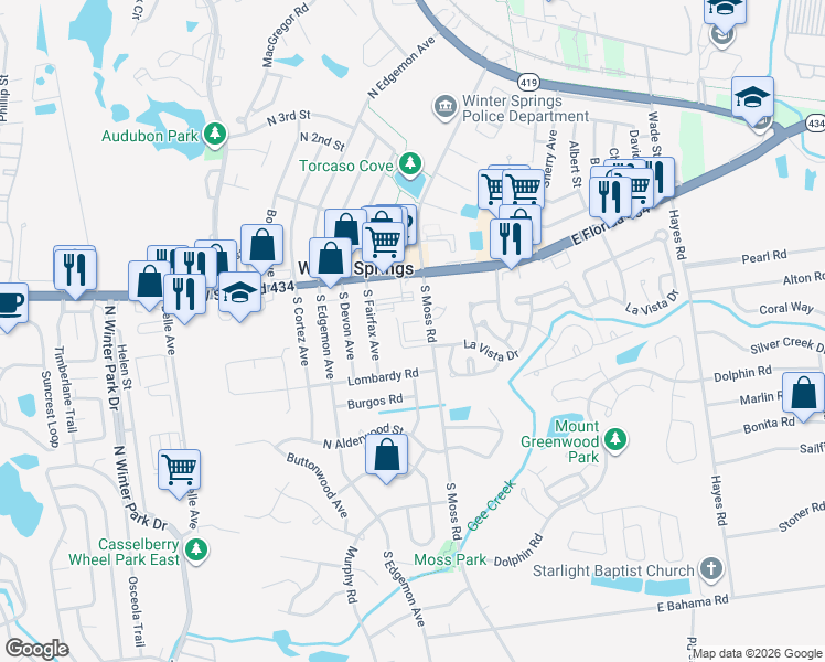 map of restaurants, bars, coffee shops, grocery stores, and more near 50 South Moss Road in Winter Springs