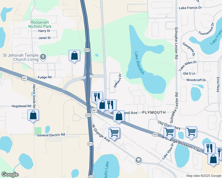 map of restaurants, bars, coffee shops, grocery stores, and more near 901 Dekleva Drive in Apopka