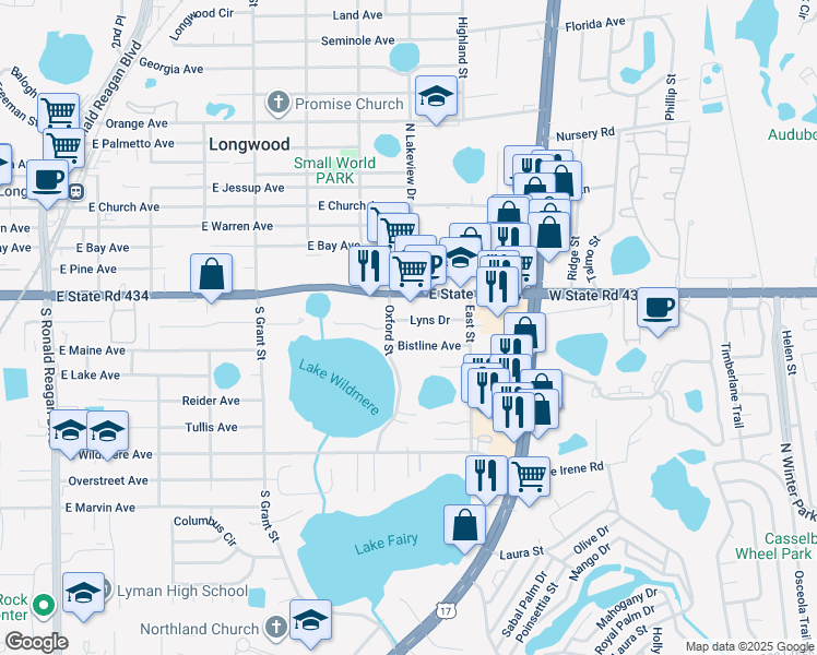 map of restaurants, bars, coffee shops, grocery stores, and more near 729 Bistline Avenue in Longwood