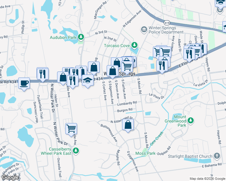 map of restaurants, bars, coffee shops, grocery stores, and more near 51 South Edgemon Avenue in Winter Springs