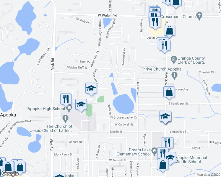map of restaurants, bars, coffee shops, grocery stores, and more near 495 Lancer Oak Drive in Apopka