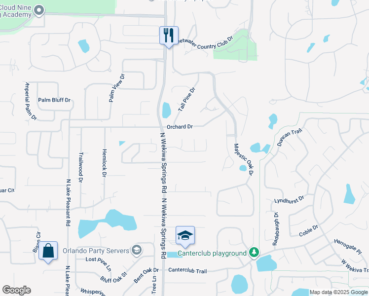 map of restaurants, bars, coffee shops, grocery stores, and more near 2306 Ridgeside Road in Apopka