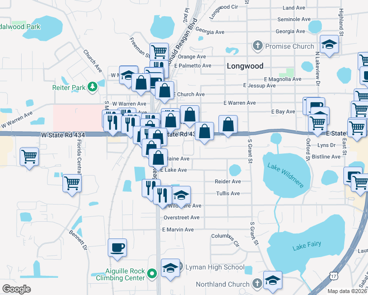 map of restaurants, bars, coffee shops, grocery stores, and more near 241 East Maine Avenue in Longwood