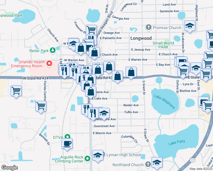 map of restaurants, bars, coffee shops, grocery stores, and more near 241 East Maine Avenue in Longwood