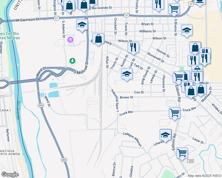 map of restaurants, bars, coffee shops, grocery stores, and more near 1226 Industrial Boulevard in Eagle Pass