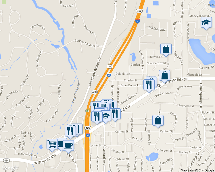 map of restaurants, bars, coffee shops, grocery stores, and more near 145 Springwood Circle in Longwood