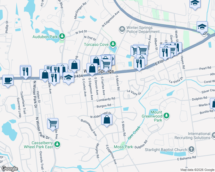 map of restaurants, bars, coffee shops, grocery stores, and more near 54 South Fairfax Avenue in Winter Springs