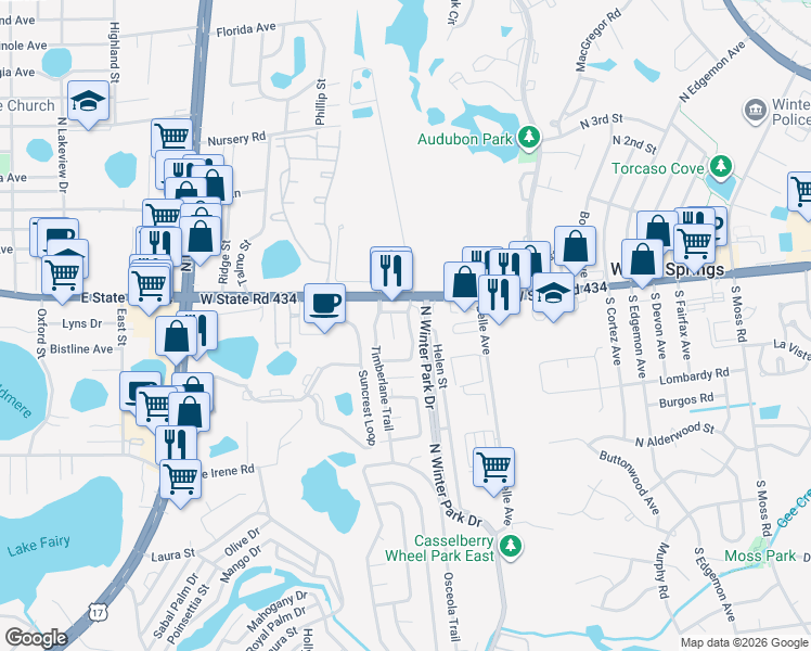 map of restaurants, bars, coffee shops, grocery stores, and more near 1131 Landmark Lane in Casselberry
