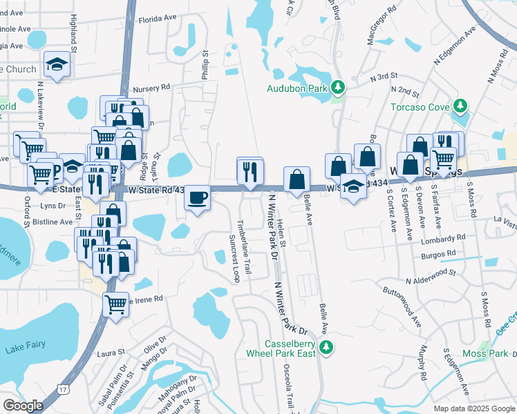 map of restaurants, bars, coffee shops, grocery stores, and more near 1131 Landmark Lane in Casselberry