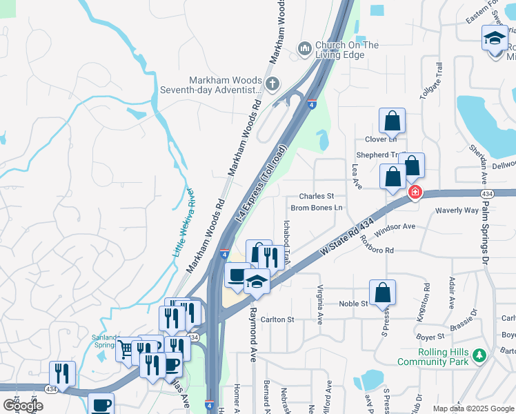 map of restaurants, bars, coffee shops, grocery stores, and more near 144 Springwood Circle in Longwood