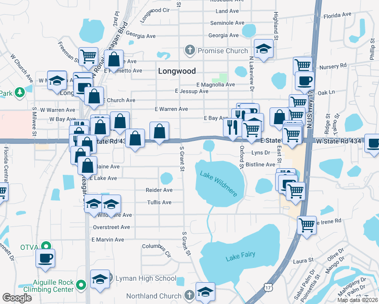 map of restaurants, bars, coffee shops, grocery stores, and more near 557 Lake Wildmere Cove in Longwood