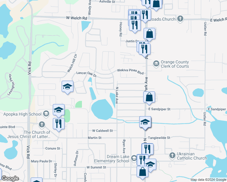 map of restaurants, bars, coffee shops, grocery stores, and more near 62 Abbey Hollow Drive in Apopka