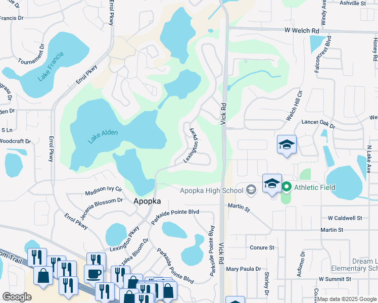 map of restaurants, bars, coffee shops, grocery stores, and more near 730 Crepe Myrtle Circle in Apopka