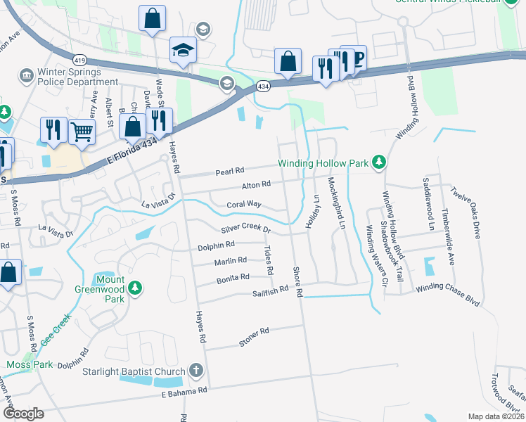 map of restaurants, bars, coffee shops, grocery stores, and more near 672 Silver Creek Drive in Winter Springs