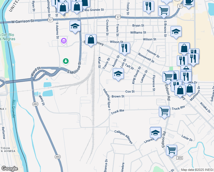 map of restaurants, bars, coffee shops, grocery stores, and more near 1226 Industrial Boulevard in Eagle Pass