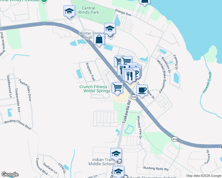 map of restaurants, bars, coffee shops, grocery stores, and more near 358 Mohawk Trail in Winter Springs