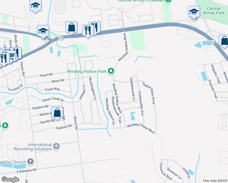 map of restaurants, bars, coffee shops, grocery stores, and more near 411 Longshadows Court in Winter Springs