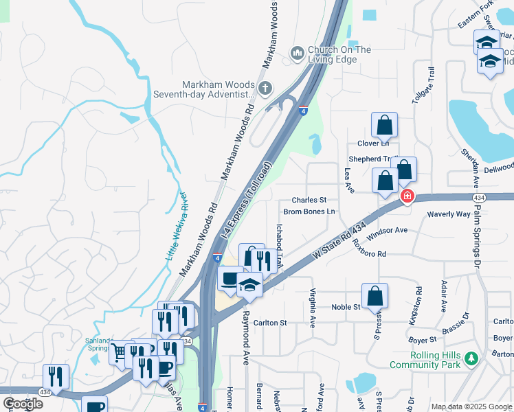 map of restaurants, bars, coffee shops, grocery stores, and more near 138 Springwood Circle in Longwood