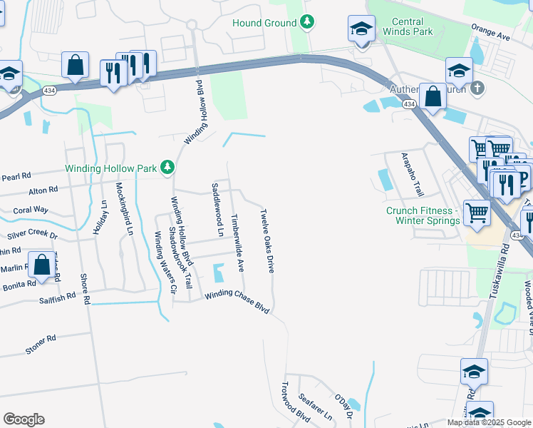map of restaurants, bars, coffee shops, grocery stores, and more near 342 Twelve Oaks Drive in Winter Springs