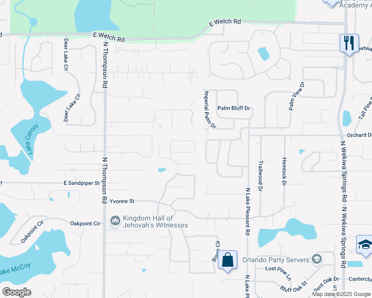 map of restaurants, bars, coffee shops, grocery stores, and more near 1634 Silver Fox Circle in Apopka