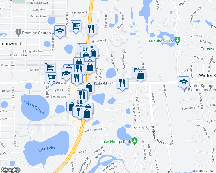 map of restaurants, bars, coffee shops, grocery stores, and more near 1653 Orrington Payne Place in Casselberry