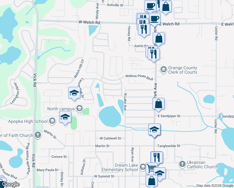 map of restaurants, bars, coffee shops, grocery stores, and more near 85 Abbey Hollow Drive in Apopka