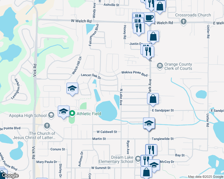 map of restaurants, bars, coffee shops, grocery stores, and more near 91 Abbey Hollow Drive in Apopka