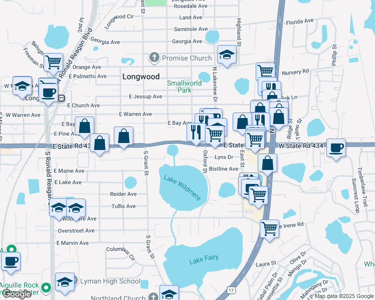 map of restaurants, bars, coffee shops, grocery stores, and more near 730 Florida 434 in Longwood