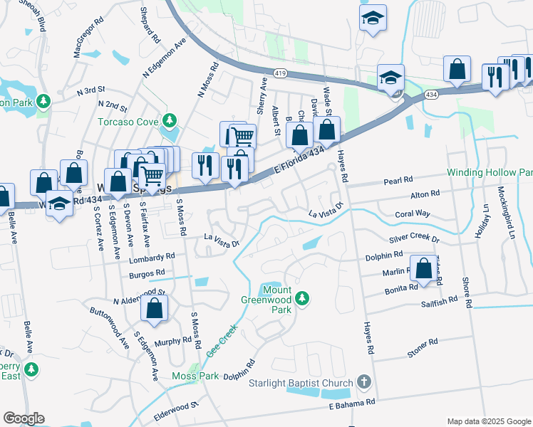 map of restaurants, bars, coffee shops, grocery stores, and more near 397 El Camino Real in Winter Springs