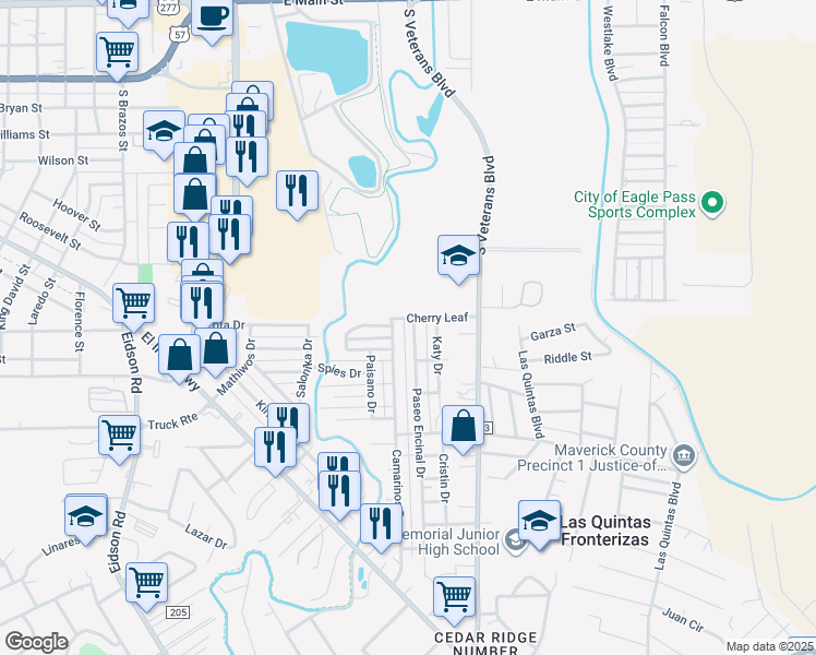 map of restaurants, bars, coffee shops, grocery stores, and more near 1301 Paseo Encinal Drive in Eagle Pass
