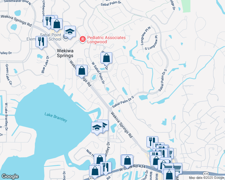 map of restaurants, bars, coffee shops, grocery stores, and more near 1303 Clubside Drive in Longwood