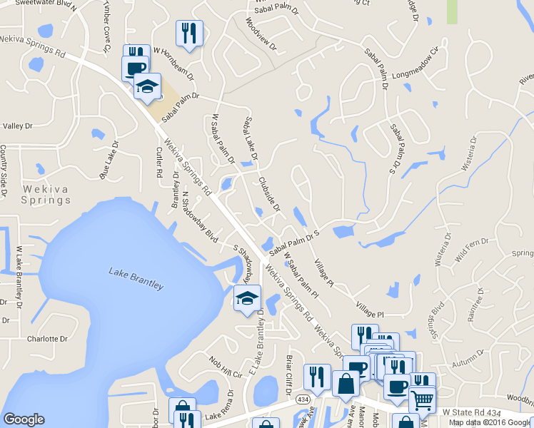 map of restaurants, bars, coffee shops, grocery stores, and more near 1205 Clubside Drive in Longwood