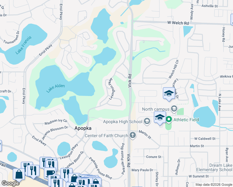 map of restaurants, bars, coffee shops, grocery stores, and more near 825 Red Hibiscus Court in Apopka