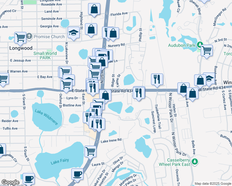 map of restaurants, bars, coffee shops, grocery stores, and more near in Longwood
