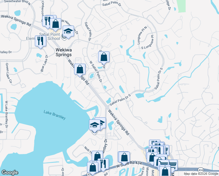 map of restaurants, bars, coffee shops, grocery stores, and more near 1105 Clubside Drive in Longwood