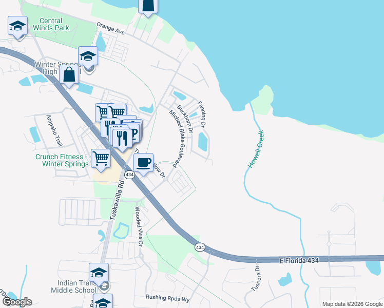 map of restaurants, bars, coffee shops, grocery stores, and more near 468 Buckhorn Drive in Winter Springs