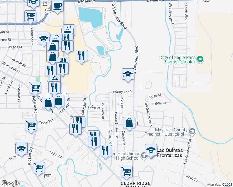 map of restaurants, bars, coffee shops, grocery stores, and more near 1301 Paseo Encinal Drive in Eagle Pass