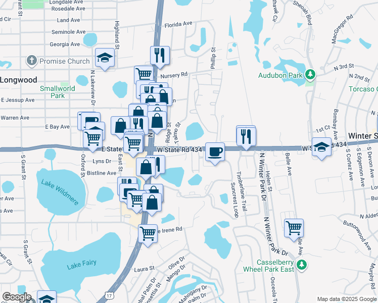 map of restaurants, bars, coffee shops, grocery stores, and more near 1637 Orrington Payne Place in Casselberry