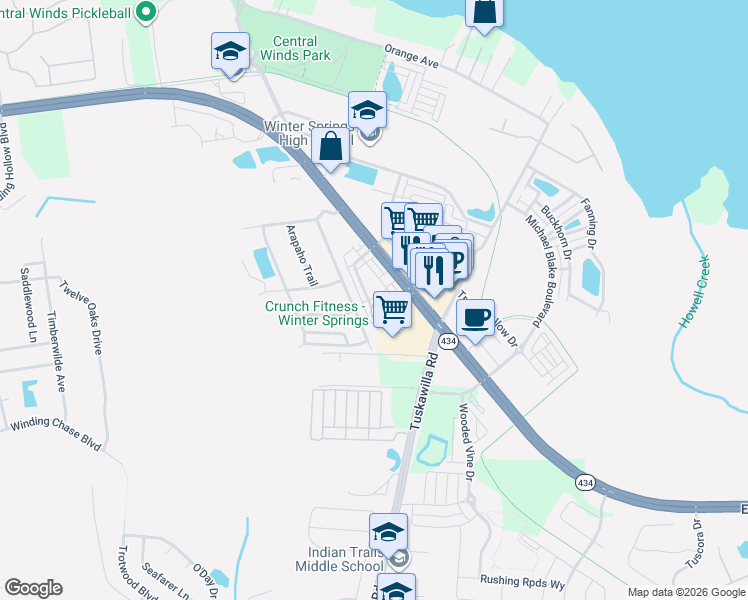 map of restaurants, bars, coffee shops, grocery stores, and more near 329 Lansbrook Lane in Winter Springs