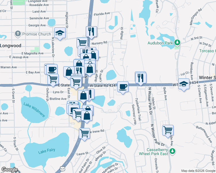 map of restaurants, bars, coffee shops, grocery stores, and more near 1637 Orrington Payne Place in Casselberry