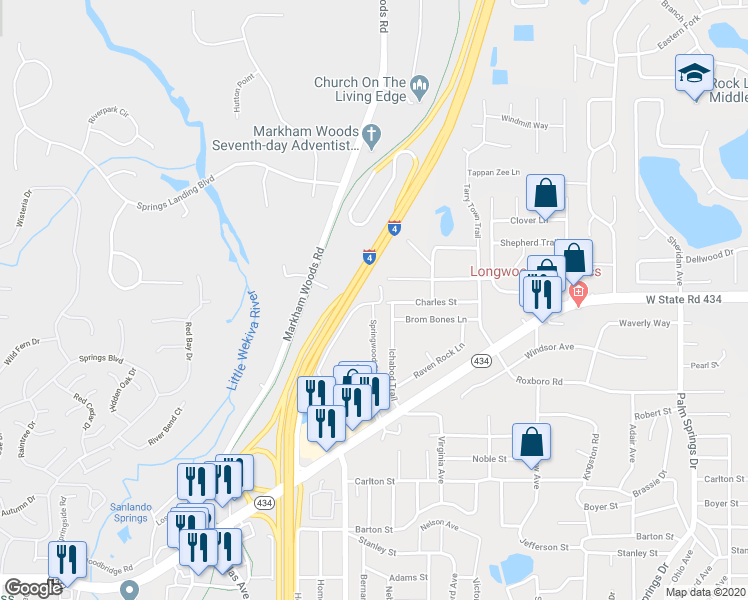 map of restaurants, bars, coffee shops, grocery stores, and more near 138 Springwood Circle in Longwood