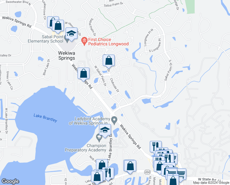 map of restaurants, bars, coffee shops, grocery stores, and more near 1303 Clubside Drive in Longwood