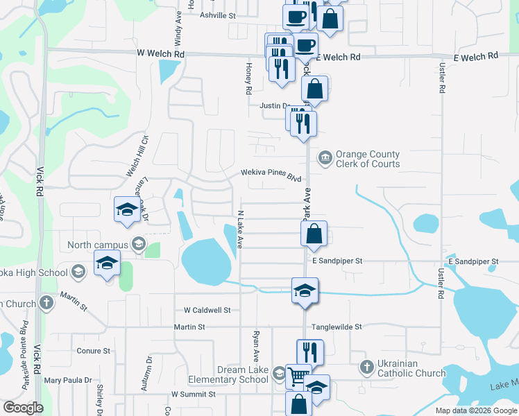 map of restaurants, bars, coffee shops, grocery stores, and more near 2 East Albatross Street in Apopka